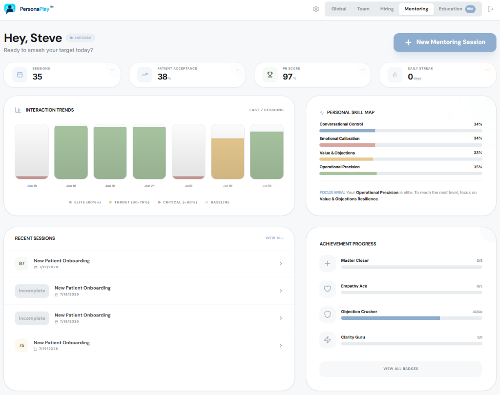 PersonaPlay Mentoring Dashboard showing PB Score, session trends, and skill map