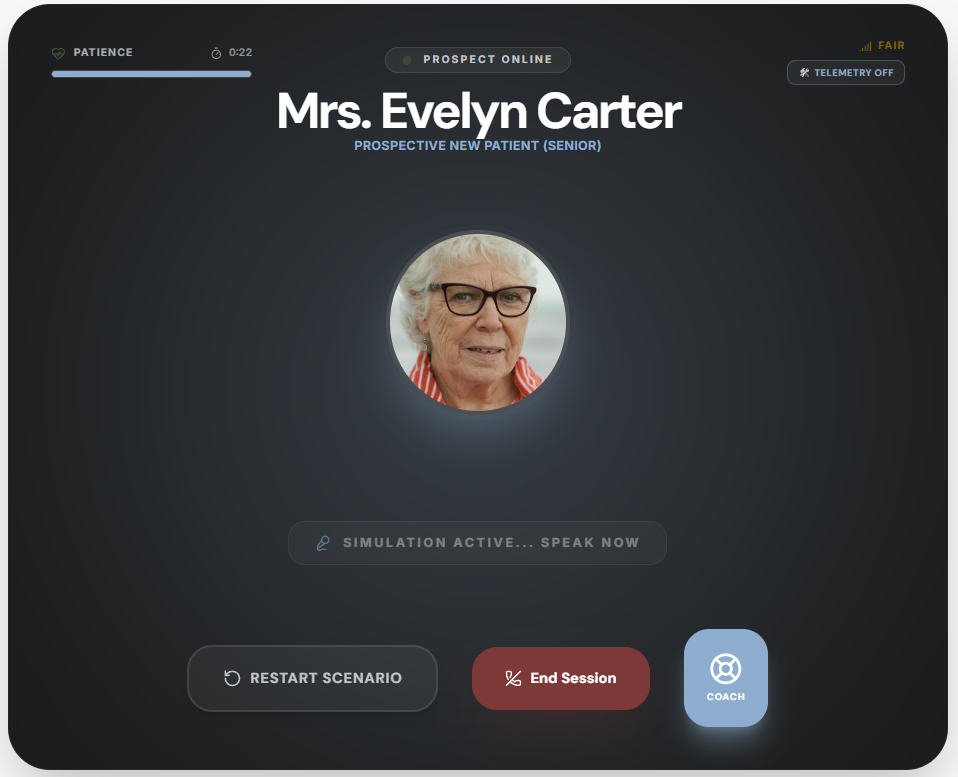 PersonaPlay live voice simulation — Mrs. Evelyn Carter with 'SIMULATION ACTIVE, SPEAK NOW' mic active state, Patience meter, and Coach panic button