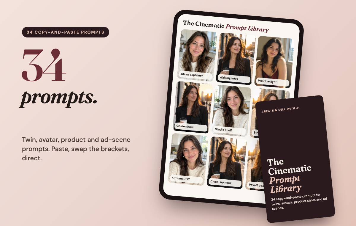 The Cinematic Prompt Library: 34 copy-and-paste prompts shown on a tablet and PDF cover