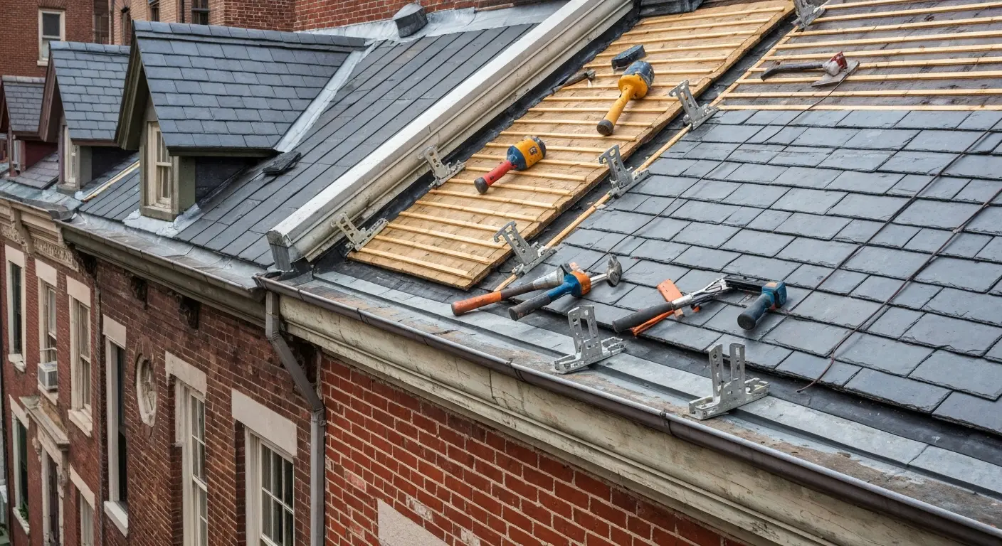 Roof repair work on Kensington row house