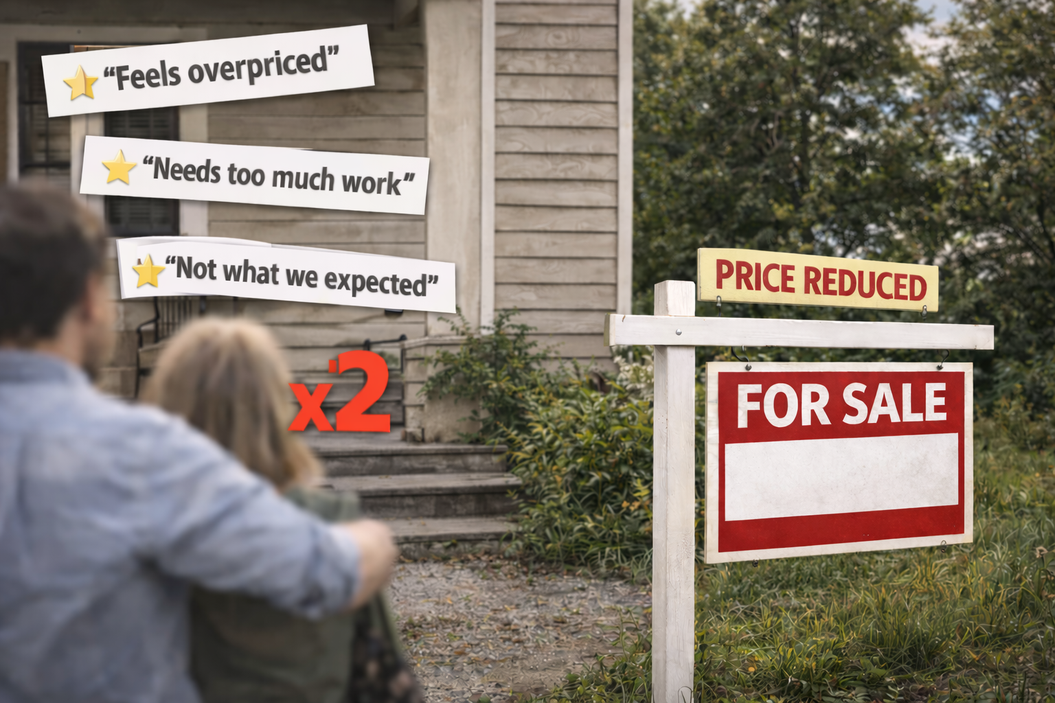 Couple examines weathered house for sale
