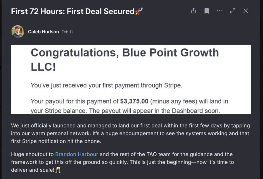 Caleb Hudson's community post: First 72 Hours, First Deal Secured, showing a $3,375 first payment