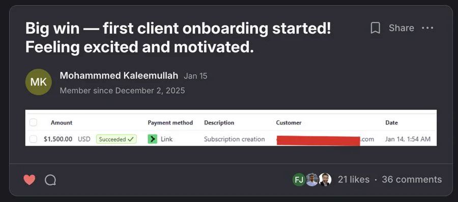 Mohammed Kaleemullah's community post showing a $1,500 payment marked Succeeded