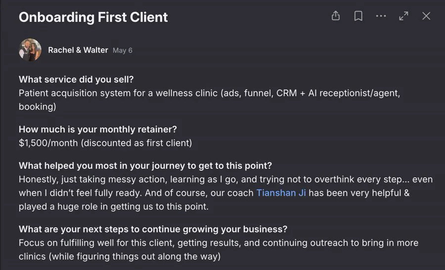 Rachel and Walter's community post: Onboarding First Client, $1,500 a month