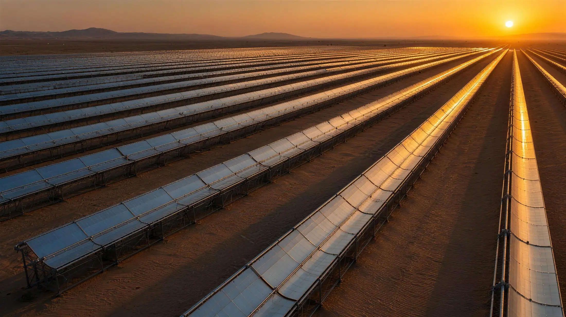 Feld aus hybriden PV-T-Kollektoren in der Wüste bei Sonnenuntergang