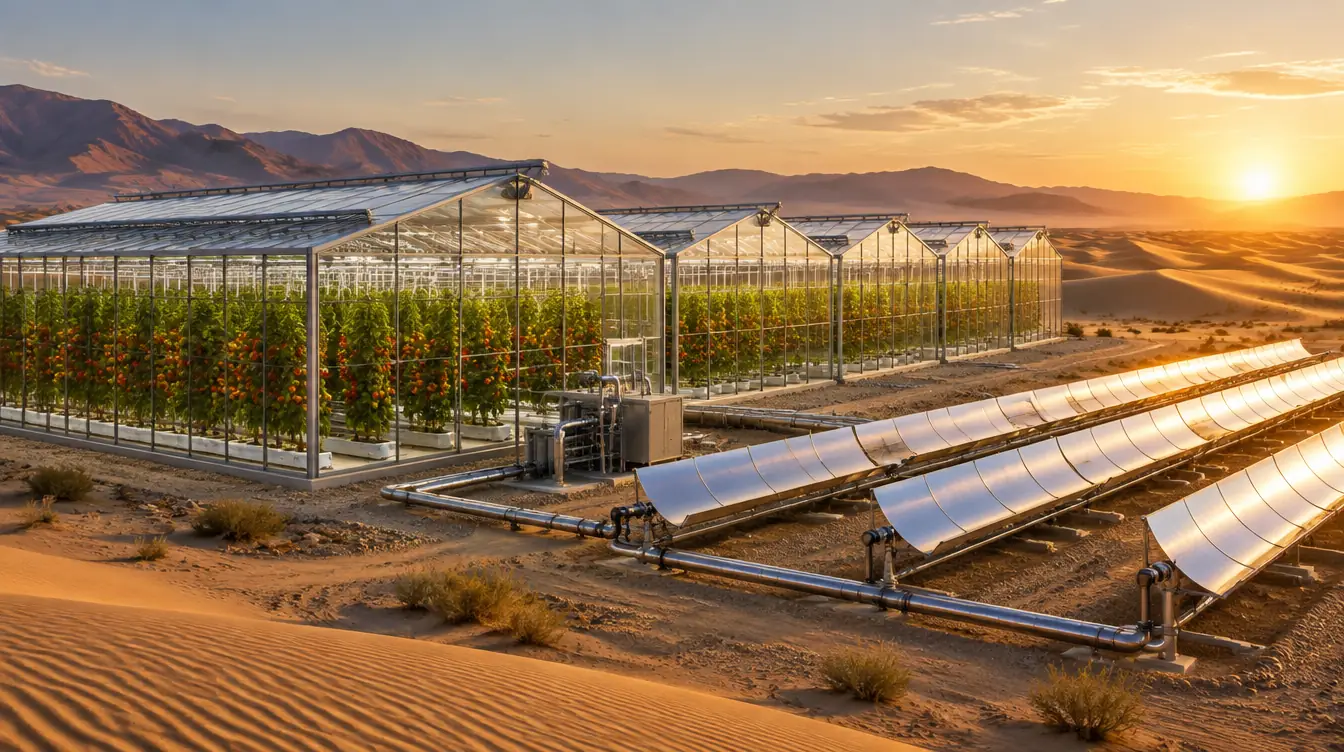 Gewächshäuser mit Tomaten in der Wüste neben Solarkollektoren