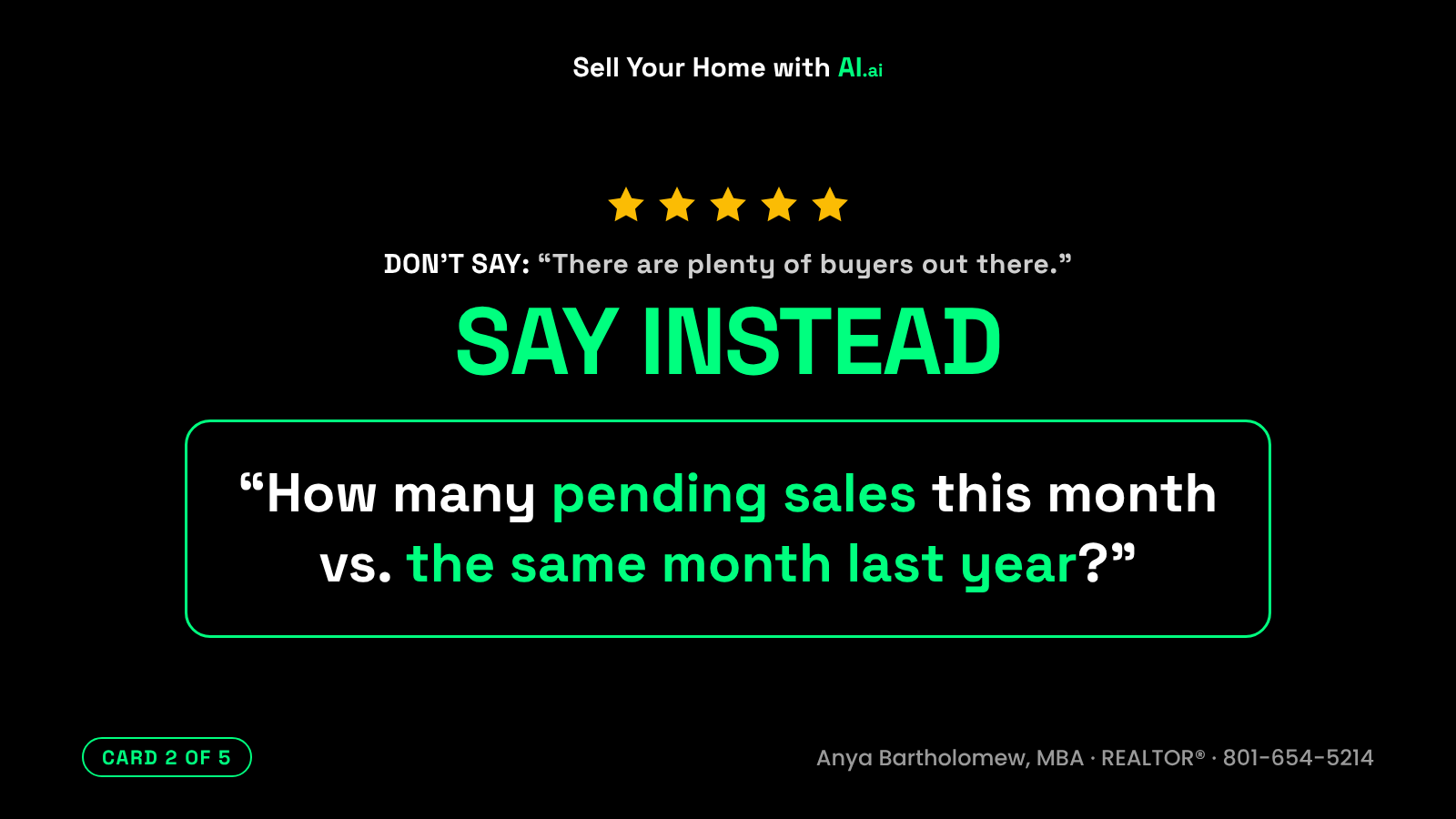 Should I sell my house now or wait, card 2 of 5. Don't say: There are plenty of buyers out there. Say instead: How many pending sales this month vs. the same month last year? Should I sell my house now or wait, card 2 of 5. Don't say: There are plenty of buyers out there. Say instead: How many pending sales this month vs. the same month last year?