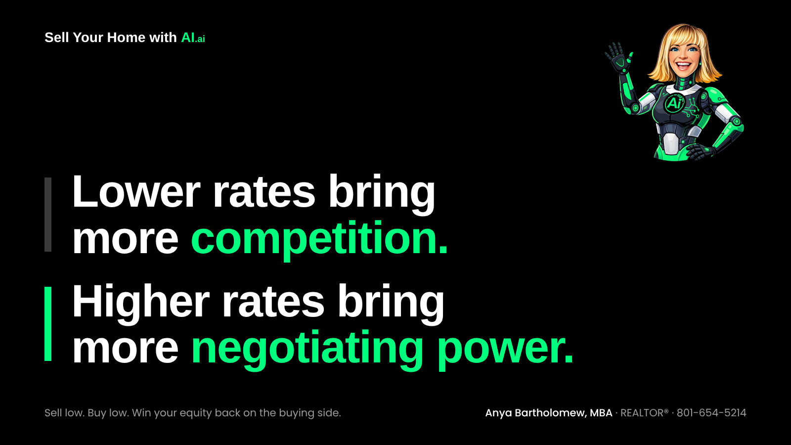 Lower rates bring more competition. Higher rates bring more negotiating power. Sell low, buy low, win your equity back on the buying side. Lower rates bring more competition. Higher rates bring more negotiating power. Sell low, buy low, win your equity back on the buying side.