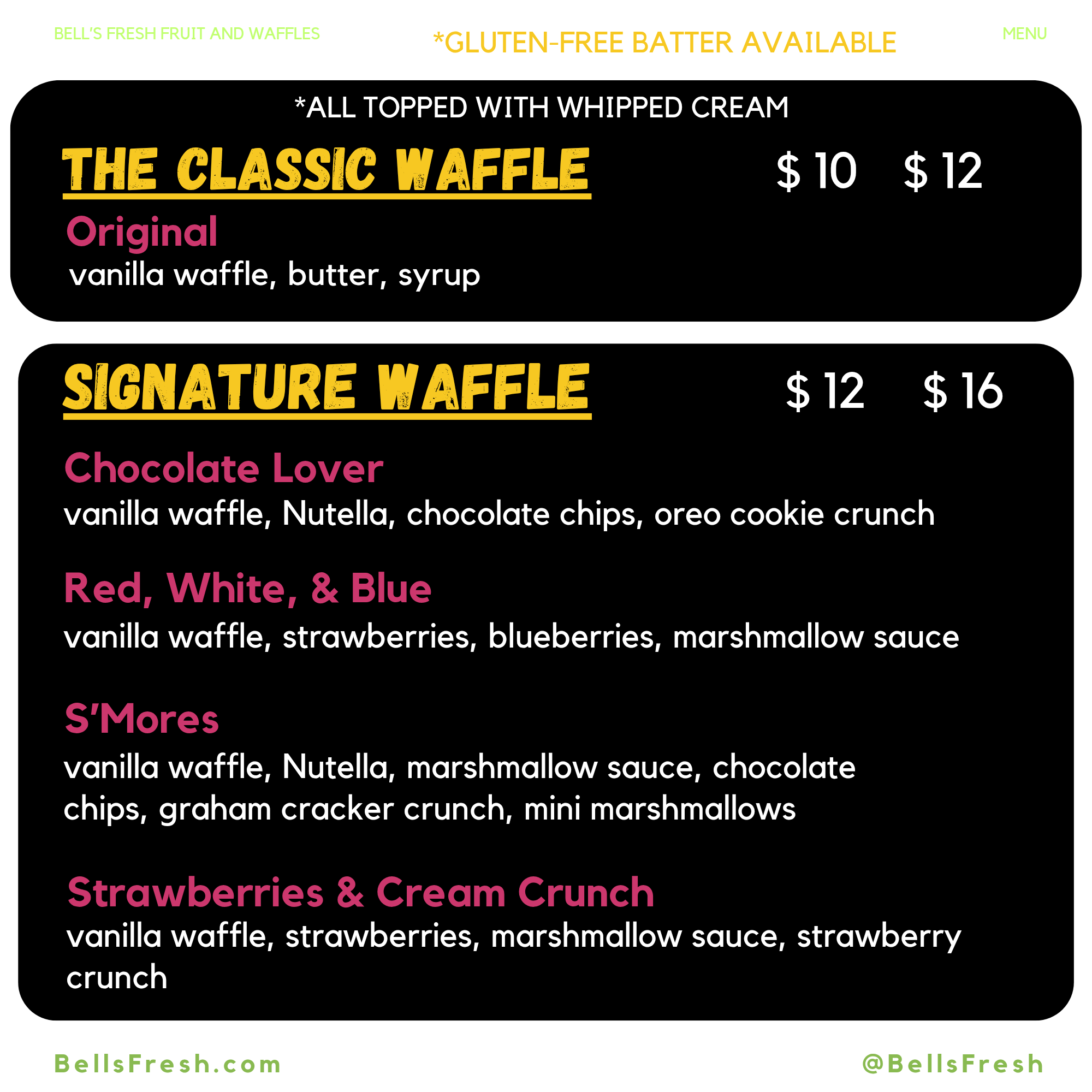 Bell's Fresh Belgian Waffles chalkboard menu
