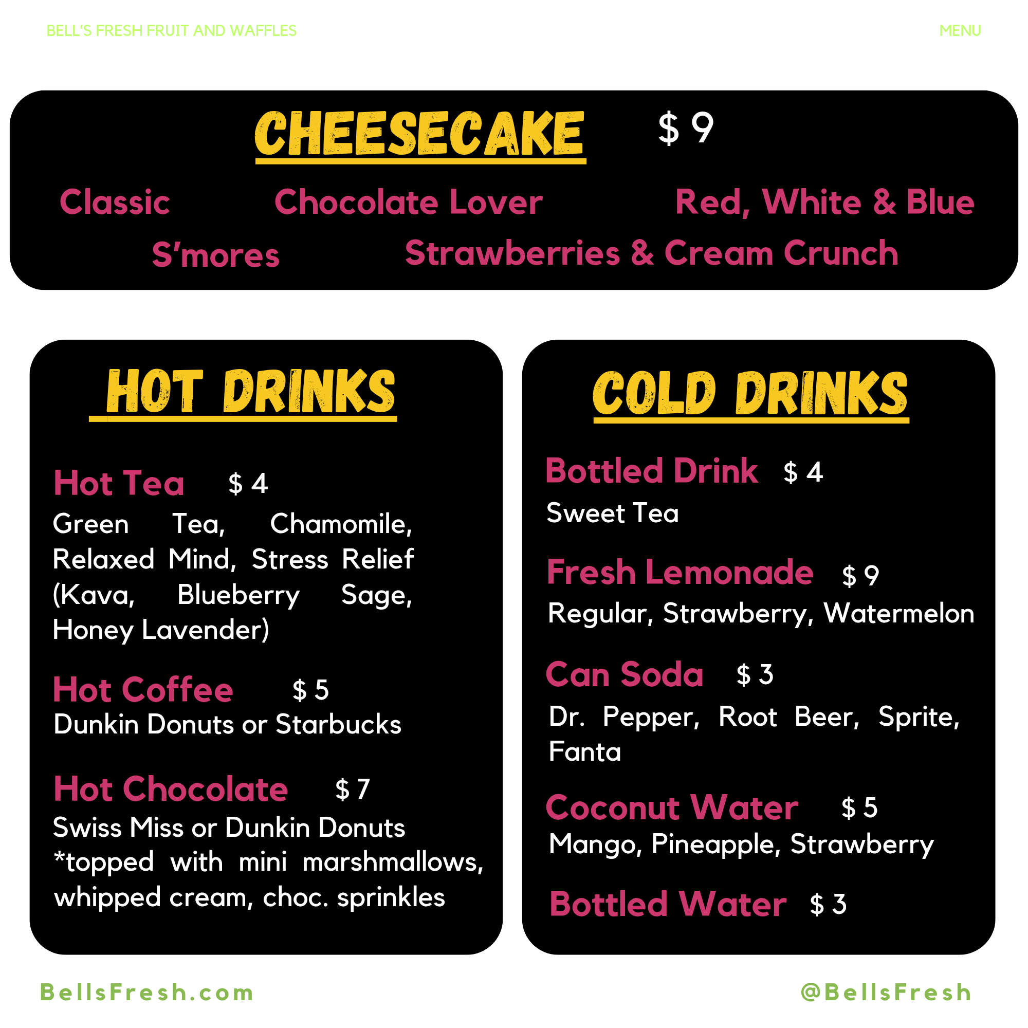 Bell's Fresh Cheesecake and Drinks chalkboard menu