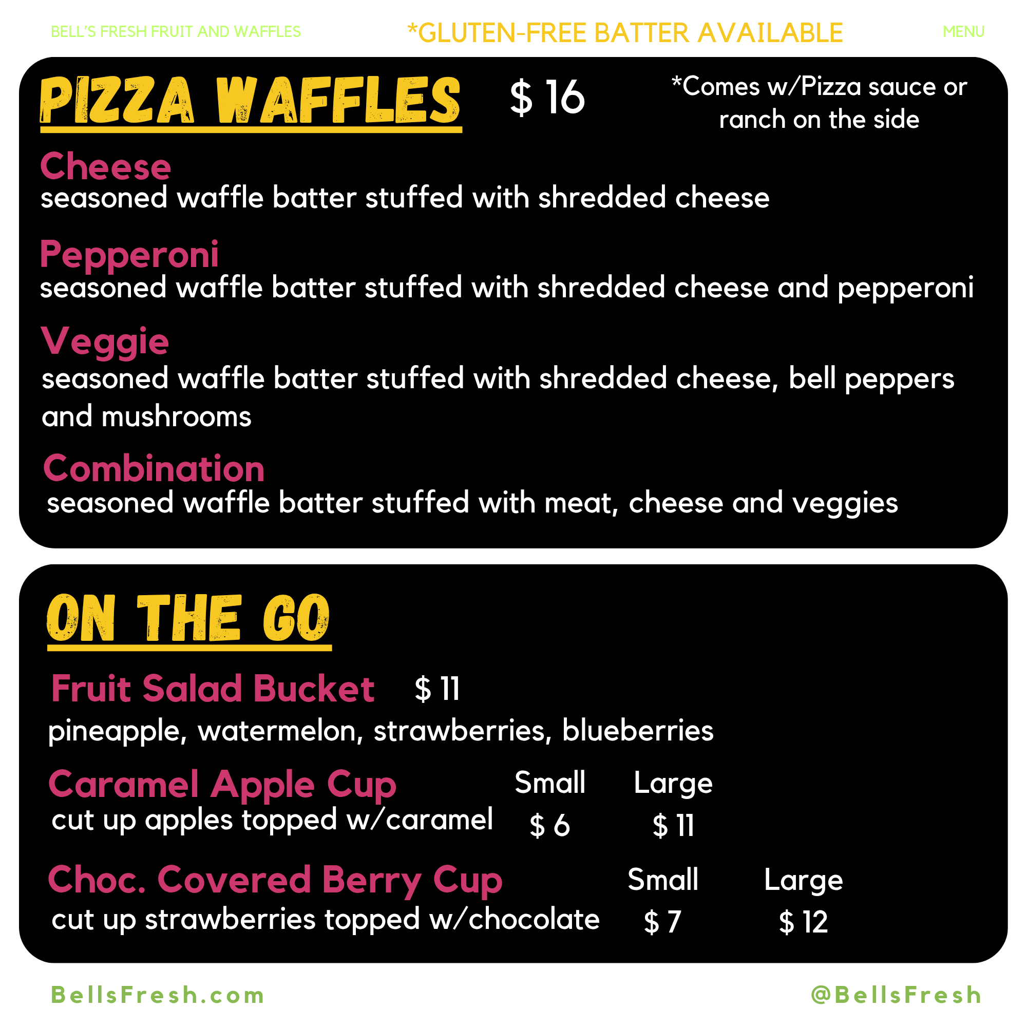 Bell's Fresh Pizza Waffles and On-The-Go chalkboard menu