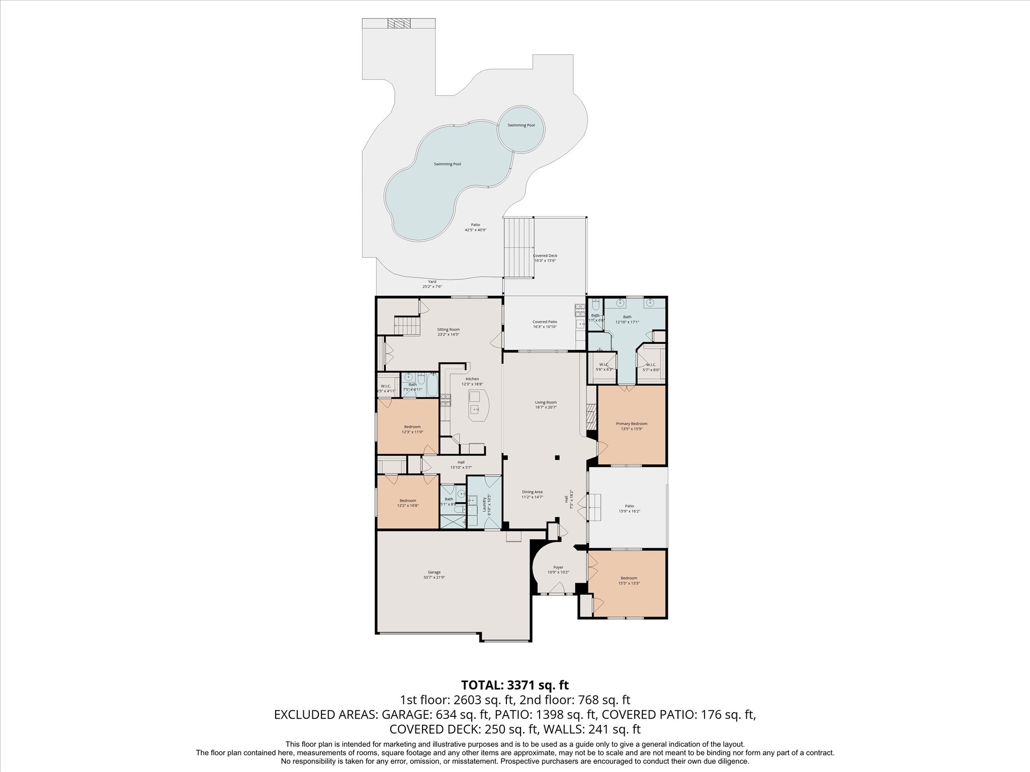 First floor plan — primary suite, great room, kitchen, dining, office, 2 beds