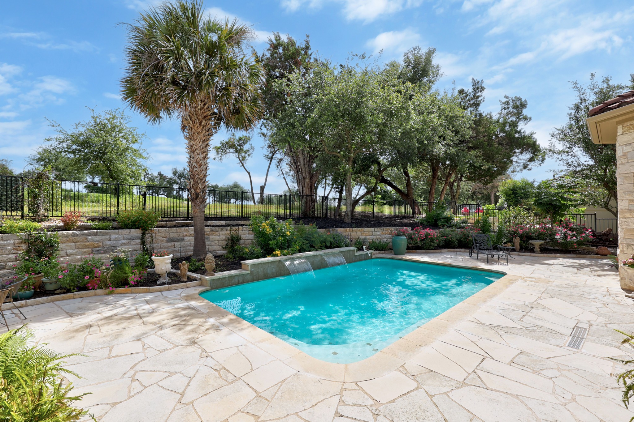 Fountain pool with golf-course views