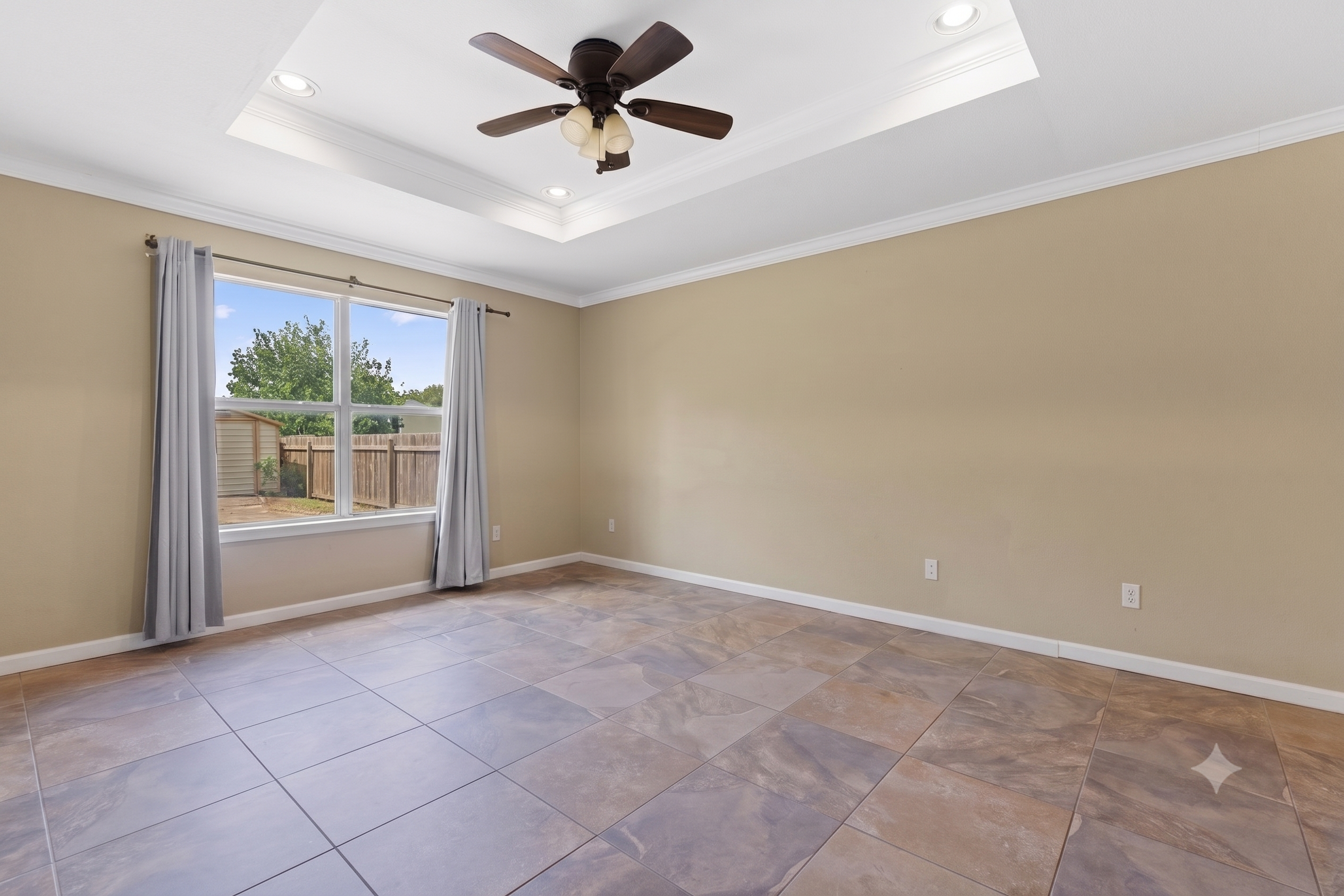 Primary suite (virtually staged) with soft neutral palette