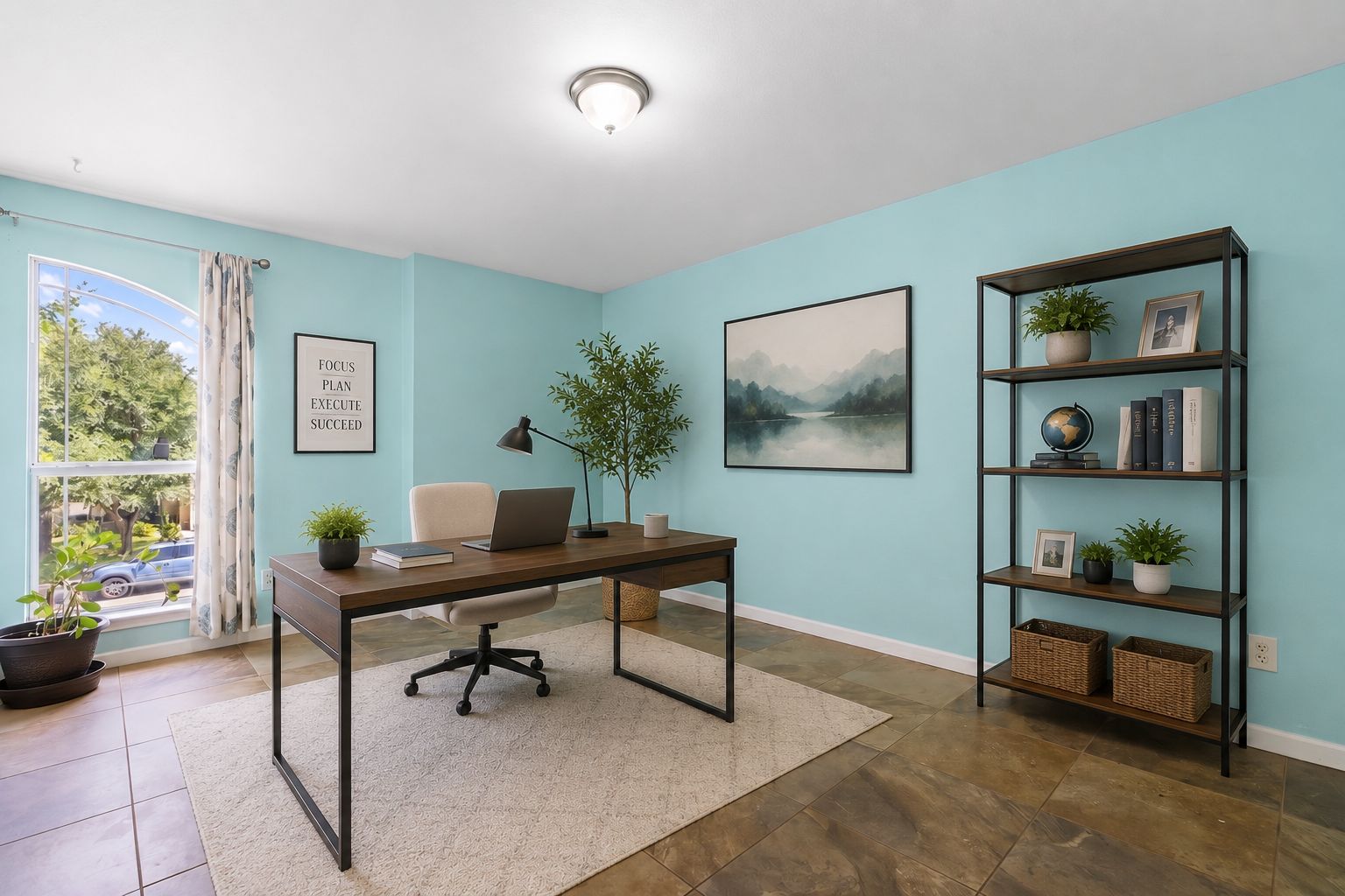 Flex space virtually staged as a home office / study with desk and shelving