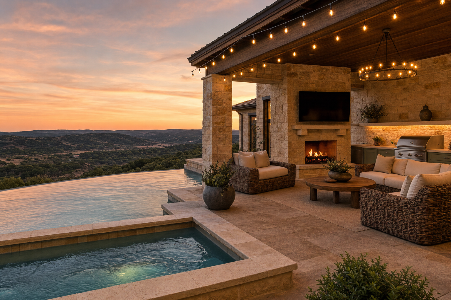 Stylized editorial interpretation of a Twin Creeks outdoor living space overlooking the Texas Hill Country at sunset