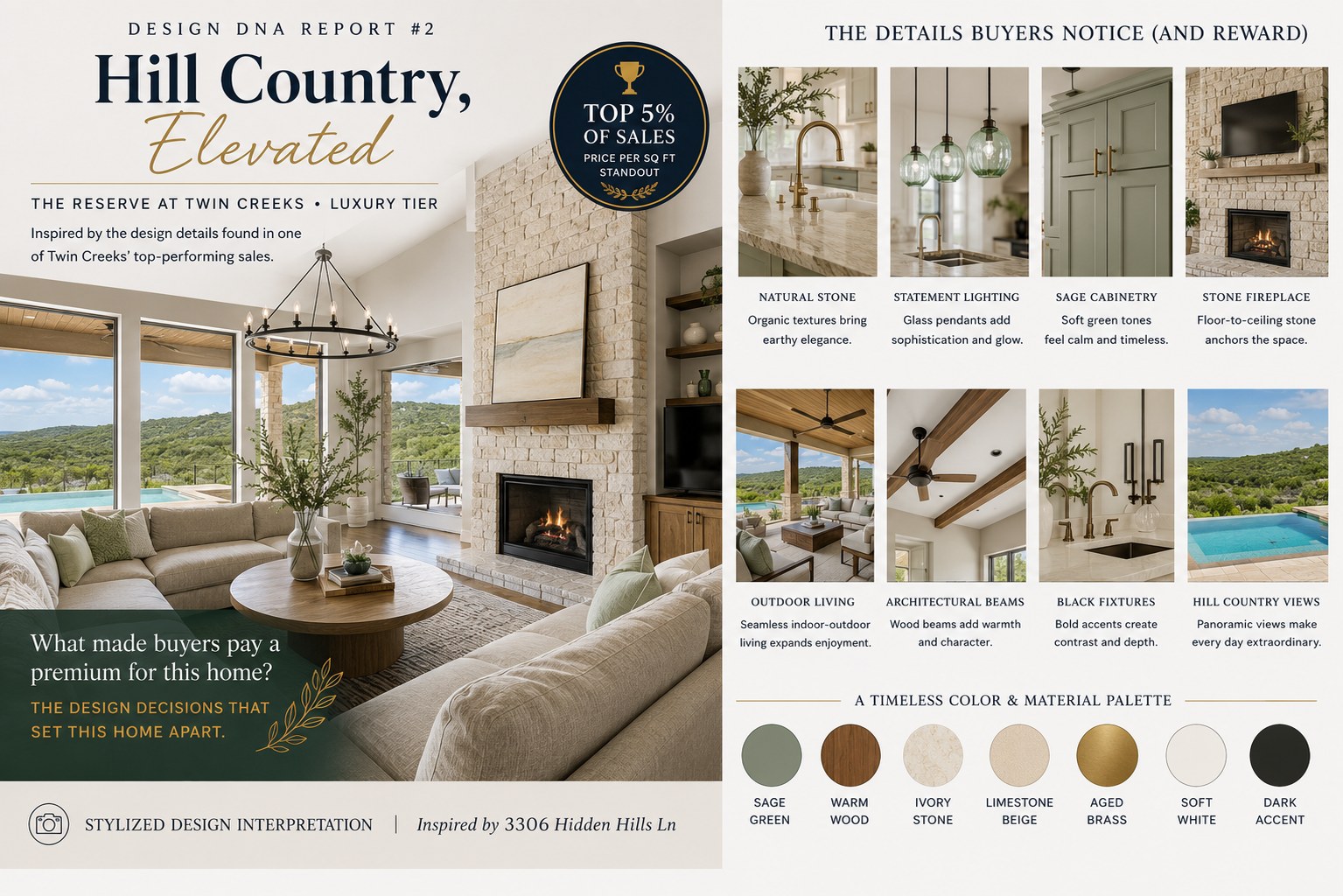 Stylized editorial study of a Twin Creeks home with natural stone, sage cabinetry, statement lighting, architectural beams, outdoor living, and Hill Country views