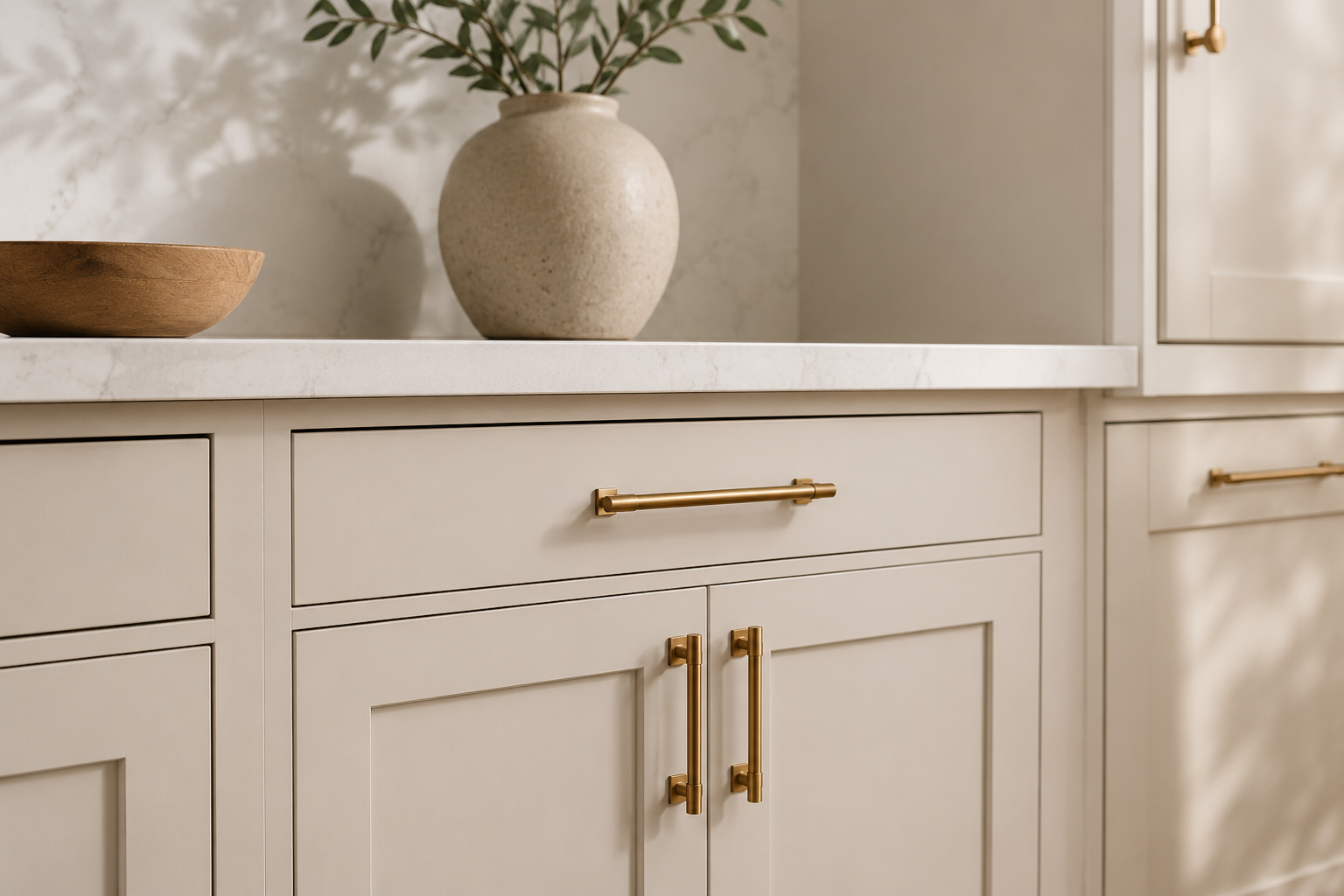Stylized warm-metal cabinet drawer pulls