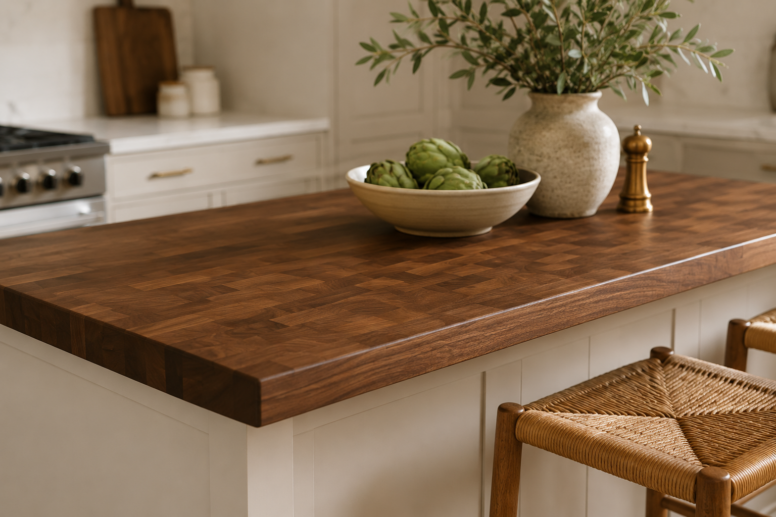 Stylized walnut butcher-block surface