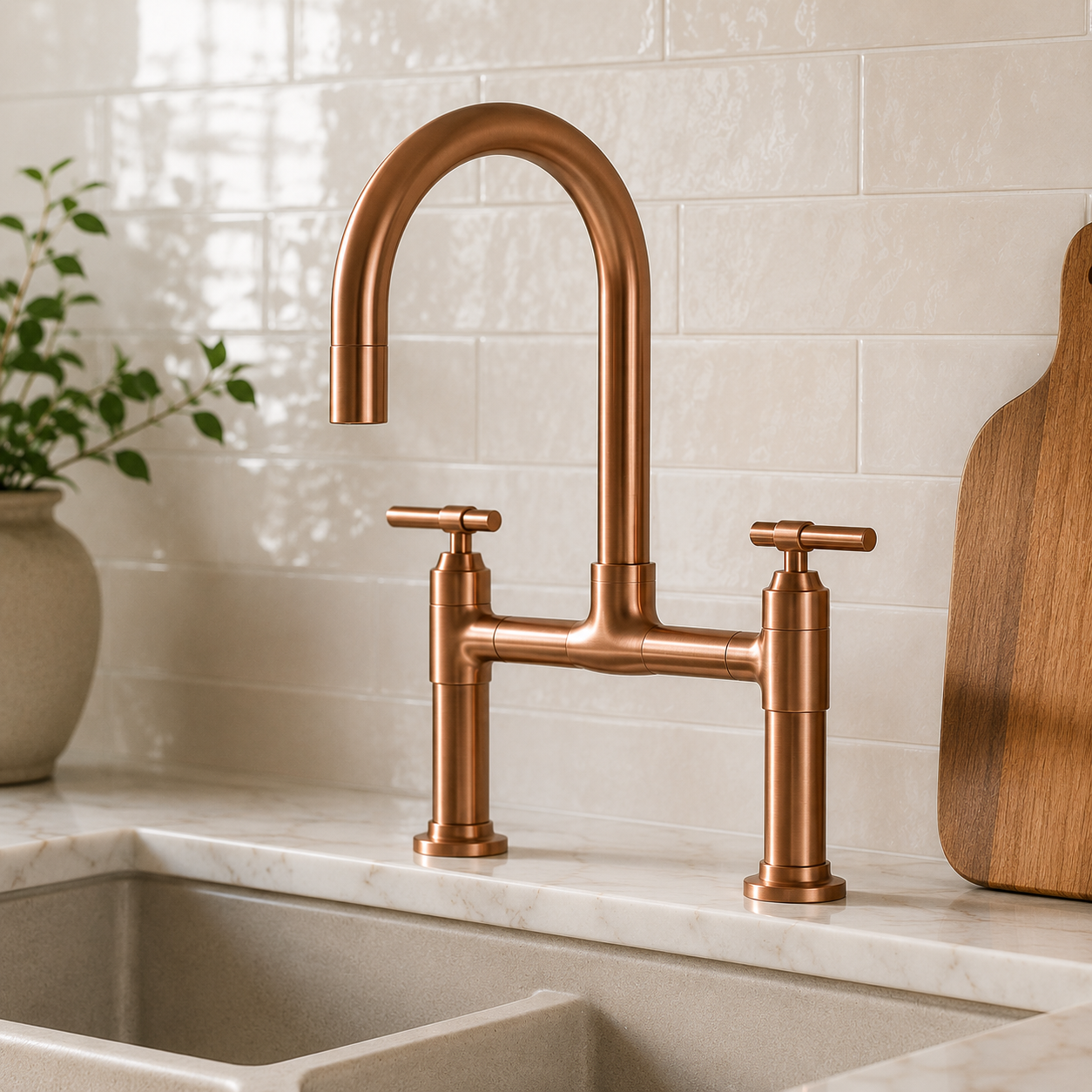Stylized warm-metal bridge kitchen faucet