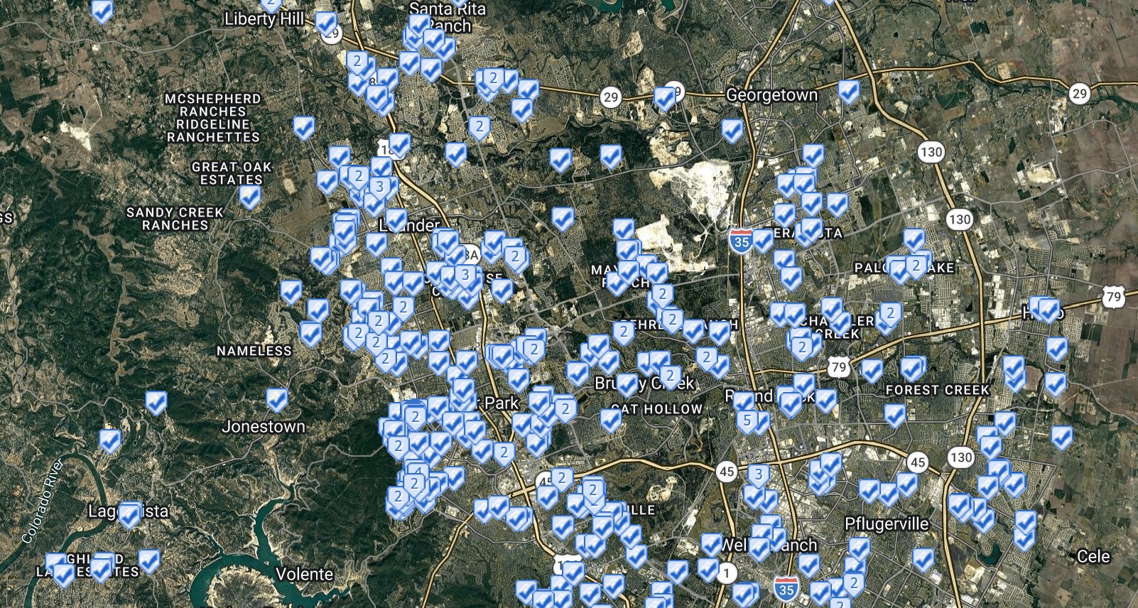Map representing Blessed Life Group transactions across Austin and Central Texas