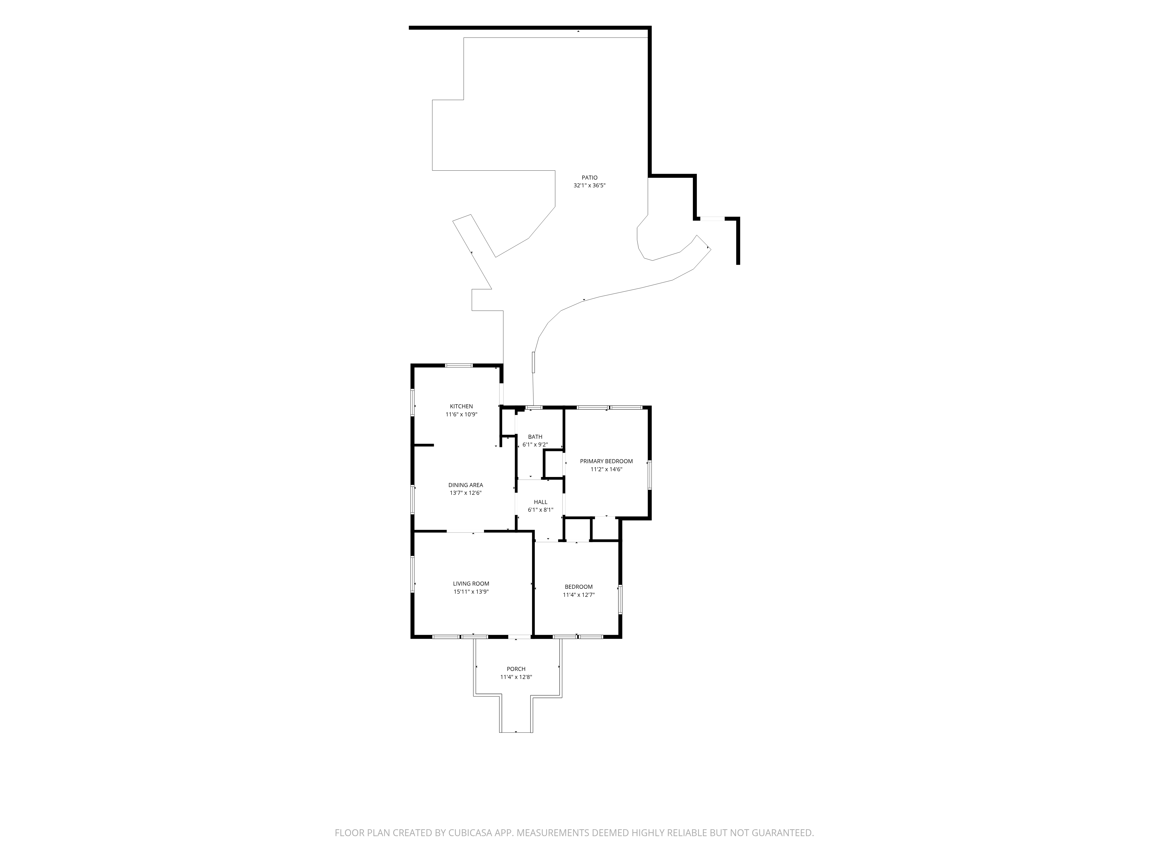 Floor plan of 2113 Wilson St showing the living room, dining area, kitchen, two bedrooms, bathroom, front porch and back patio
