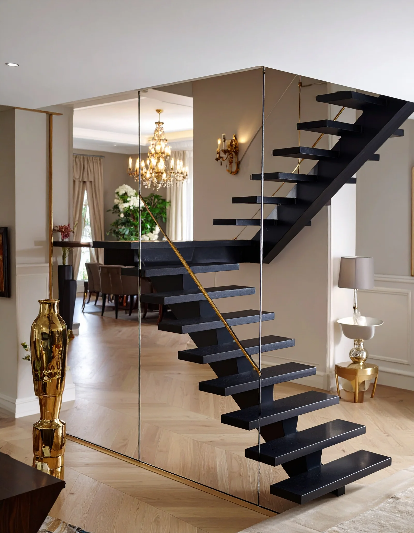Modern floating staircase with glass railing