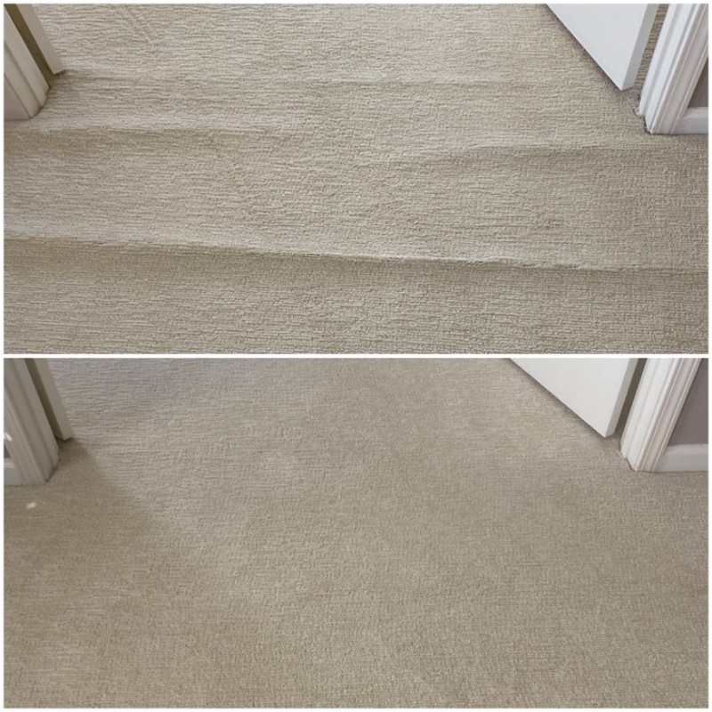 Carpet stretching and repair before and after showing buckled carpet restored to a flat surface in San Jose CA