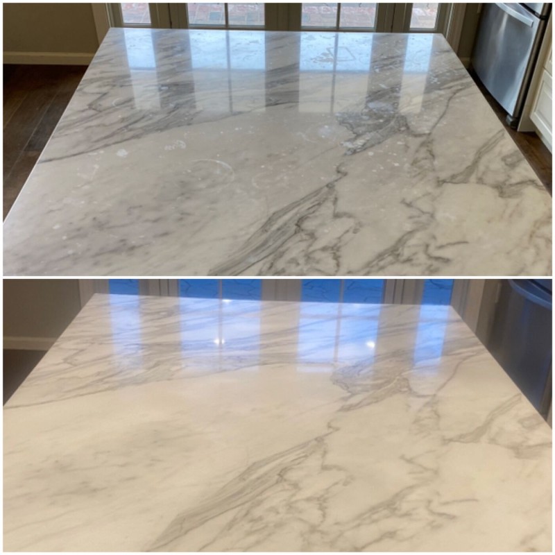 Marble countertop before and after polishing and sealing in San Jose