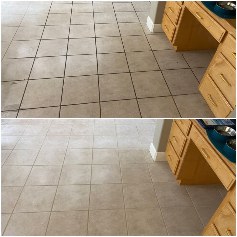 Kitchen tile and grout before and after professional cleaning in San Jose