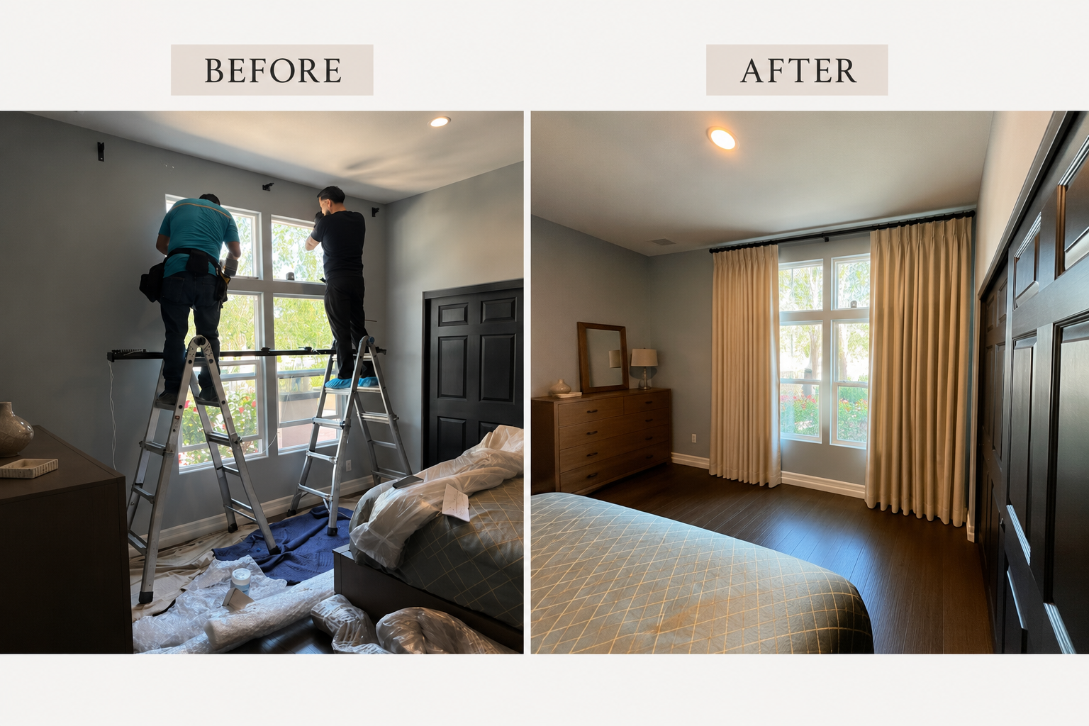 Before and after custom blackout drapery installation in Camarillo CA bedroom by Window Treatments by Grace
