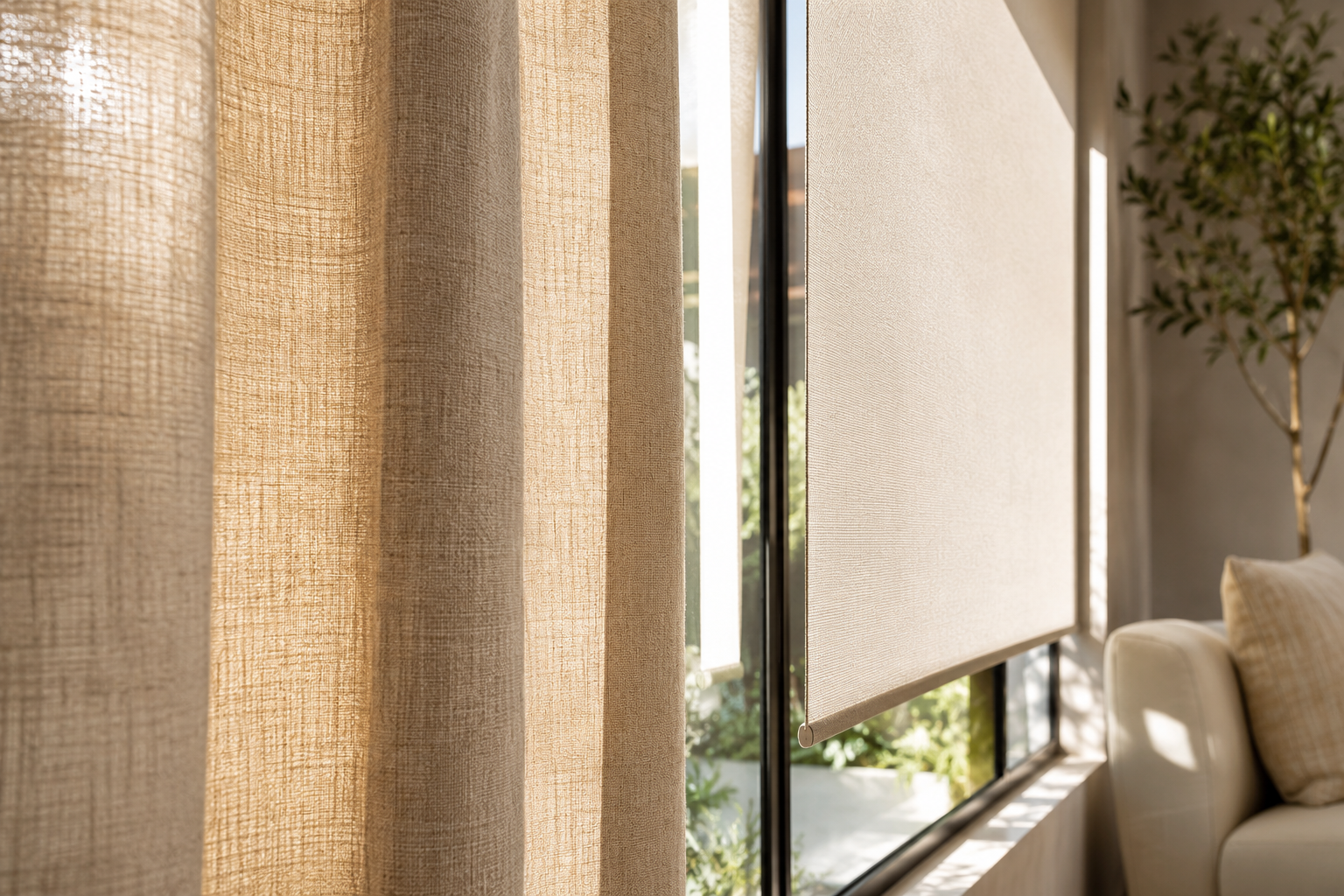 A close-up comparison of natural linen drapes next to performance fabric shades in a bright California living room, showing texture and light filtration. A close-up comparison of natural linen drapes next to performance fabric shades in a bright California living room, showing texture and light filtration.