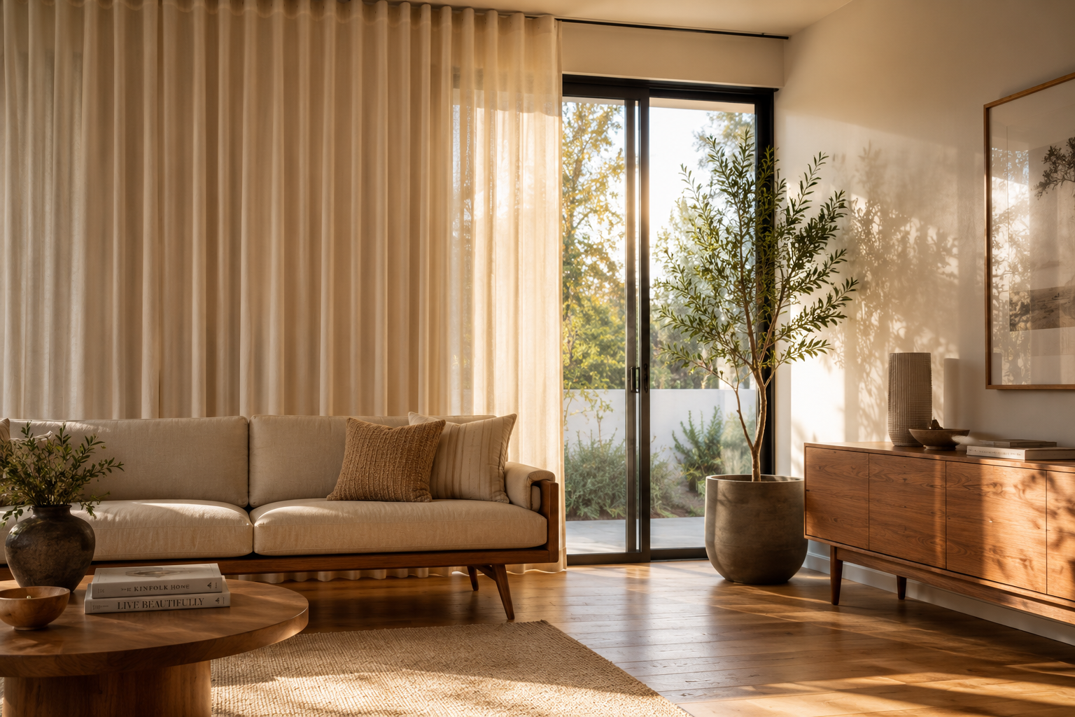 Transitional living room featuring warm white linen drapes that complement timeless interior design and neutral color palettes Transitional living room featuring warm white linen drapes that complement timeless interior design and neutral color palettes