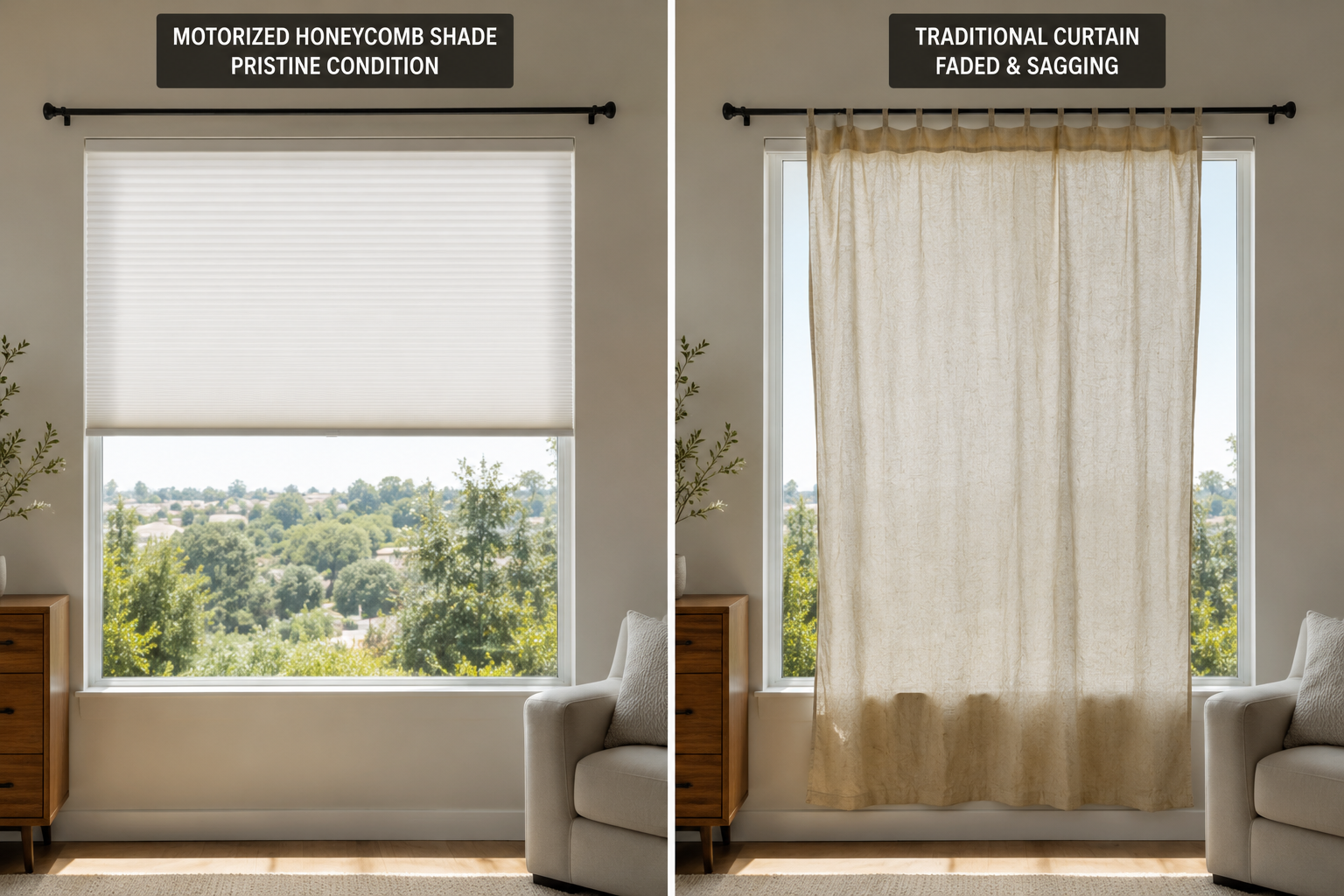 Side-by-side comparison of a motorized honeycomb shade in pristine condition and a faded, sagging curtain demonstrating long-term window treatment durability Side-by-side comparison of a motorized honeycomb shade in pristine condition and a faded, sagging curtain demonstrating long-term window treatment durability
