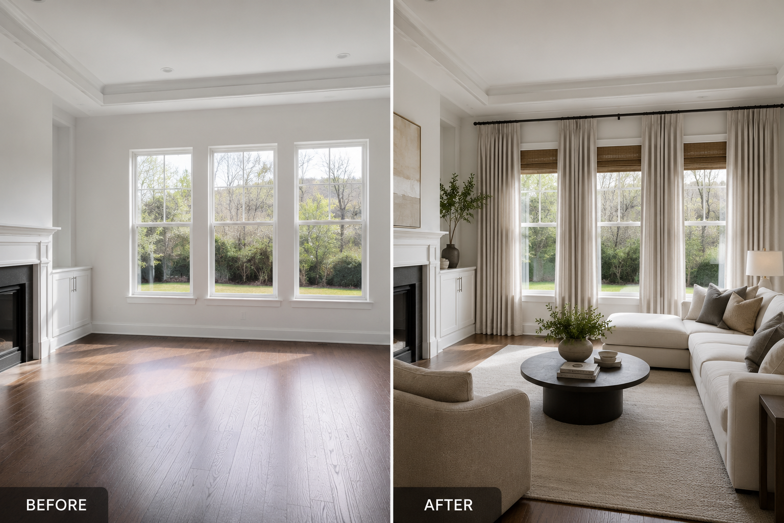 Before and after custom window treatments showing how floor-to-ceiling drapery transforms a modern living room with improved style and natural light. Before and after custom window treatments showing how floor-to-ceiling drapery transforms a modern living room with improved style and natural light.