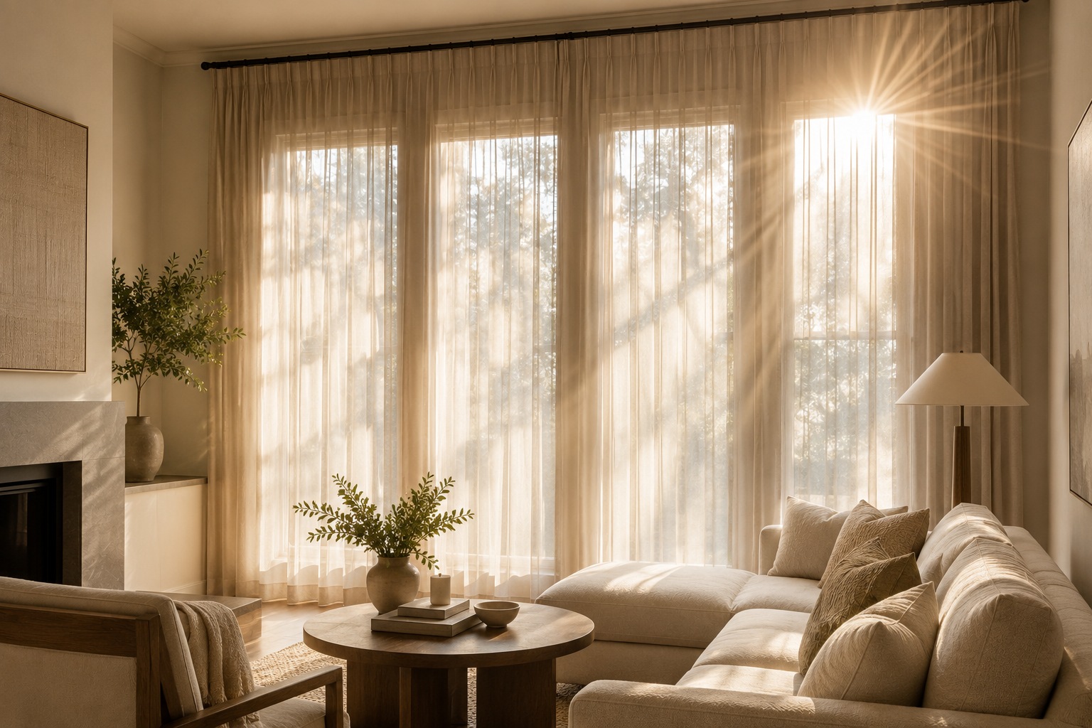 Custom sheer window treatments filtering natural light in a modern living room with floor-to-ceiling drapery. Custom sheer window treatments filtering natural light in a modern living room with floor-to-ceiling drapery.