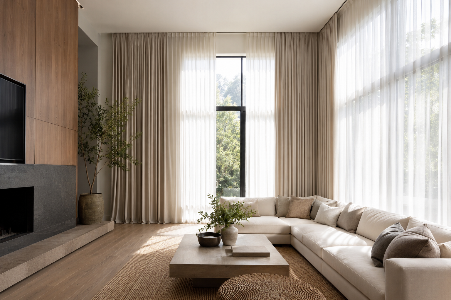 Modern living room featuring custom floor-to-ceiling drapery with sheer curtains for soft natural light and a finished designer look. Modern living room featuring custom floor-to-ceiling drapery with sheer curtains for soft natural light and a finished designer look.
