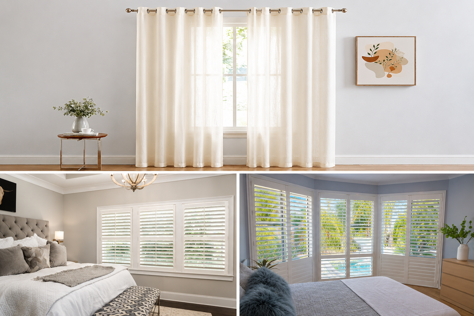 Luxury custom window treatments featuring sheer linen curtains and plantation shutters installed in elegant bedrooms and living spaces by Window Treatments by Grace.