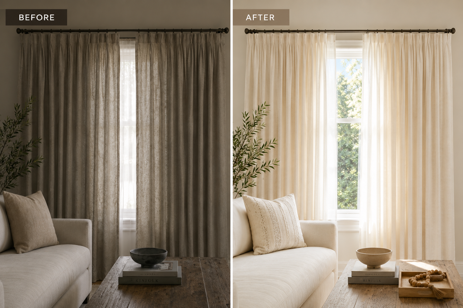 Before and after comparison of dull smoke-damaged drapes replaced with bright new custom drapery Before and after comparison of dull smoke-damaged drapes replaced with bright new custom drapery