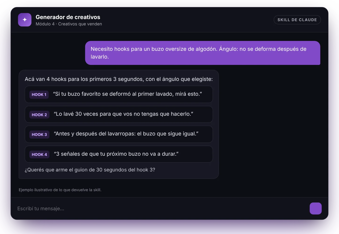 La skill Generador de creativos escribiendo hooks y guiones