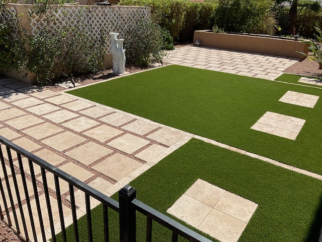 Premium turf installation with stone steps and pavers — Shadetree Landscape Design Tempe Scottsdale Arizona