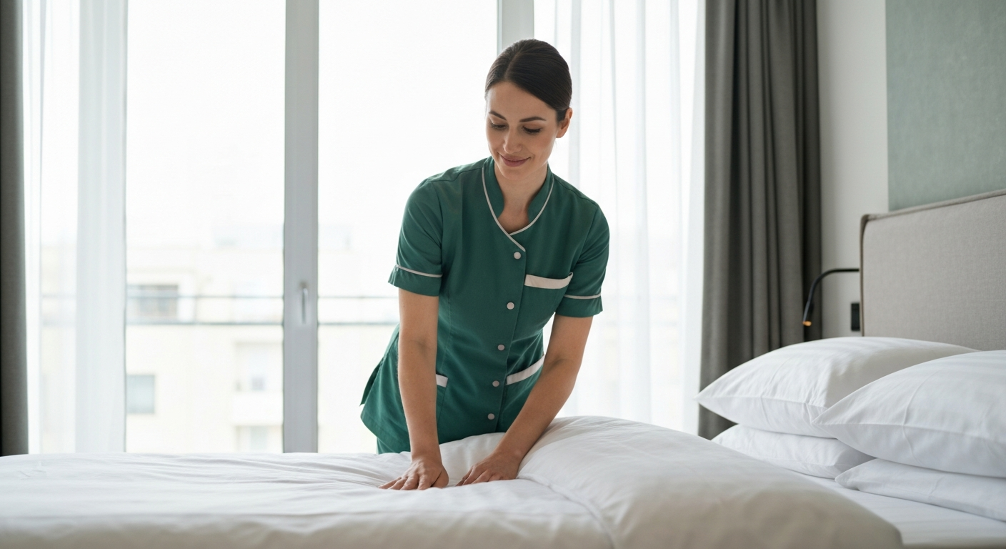 Professional cleaner arranging bed