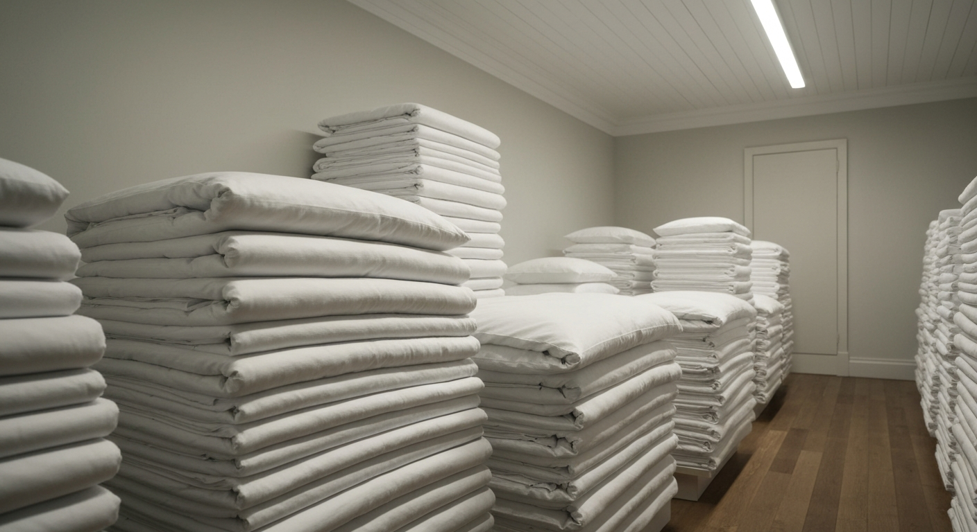 Hotel premium pressed white linens storage room