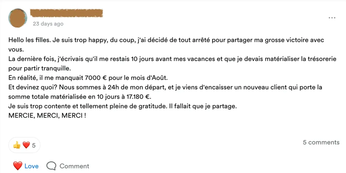 Témoignage d'une membre du club Soulpreneure & Abondance