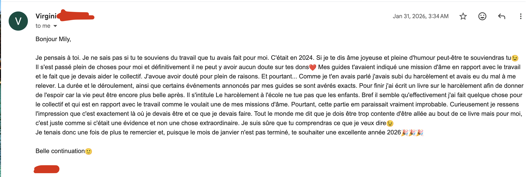 Témoignage sur un soin ou une guidance de Mily Robin