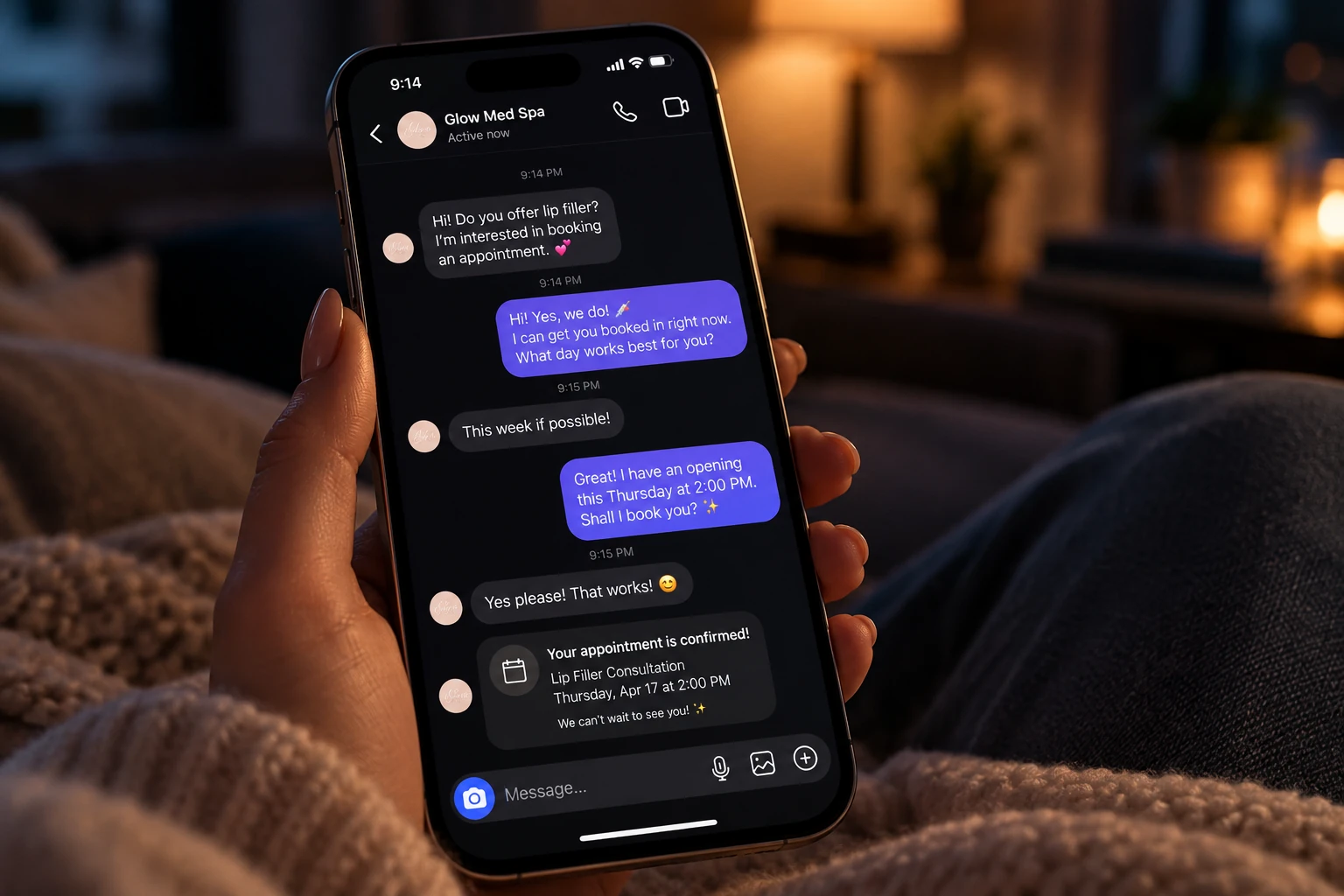 A client's phone at night showing Glow Med Spa answering her lip filler question and confirming a Thursday 2:00 PM consultation