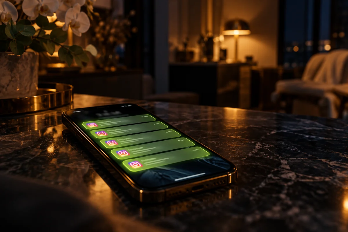 A phone glowing with unread messages on a dark desk at night