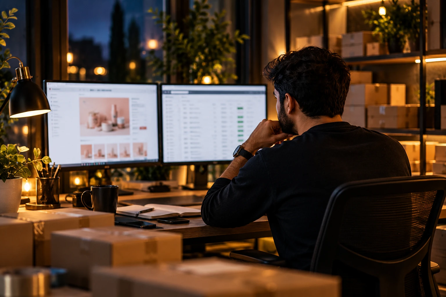 Working late at a two-screen desk with packed shipping boxes on the shelves behind