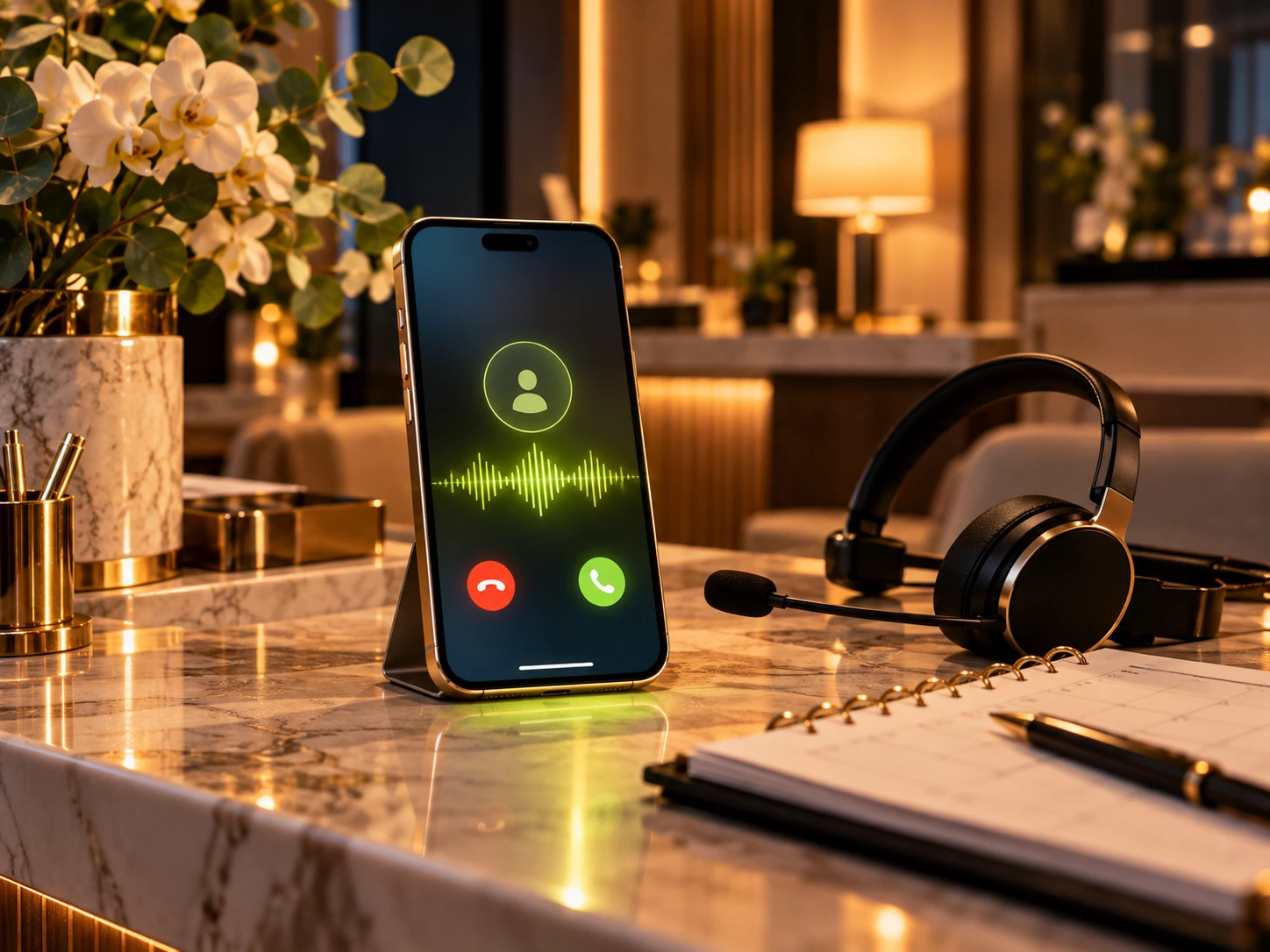 A phone on a spa front desk answering an incoming call, headset beside it