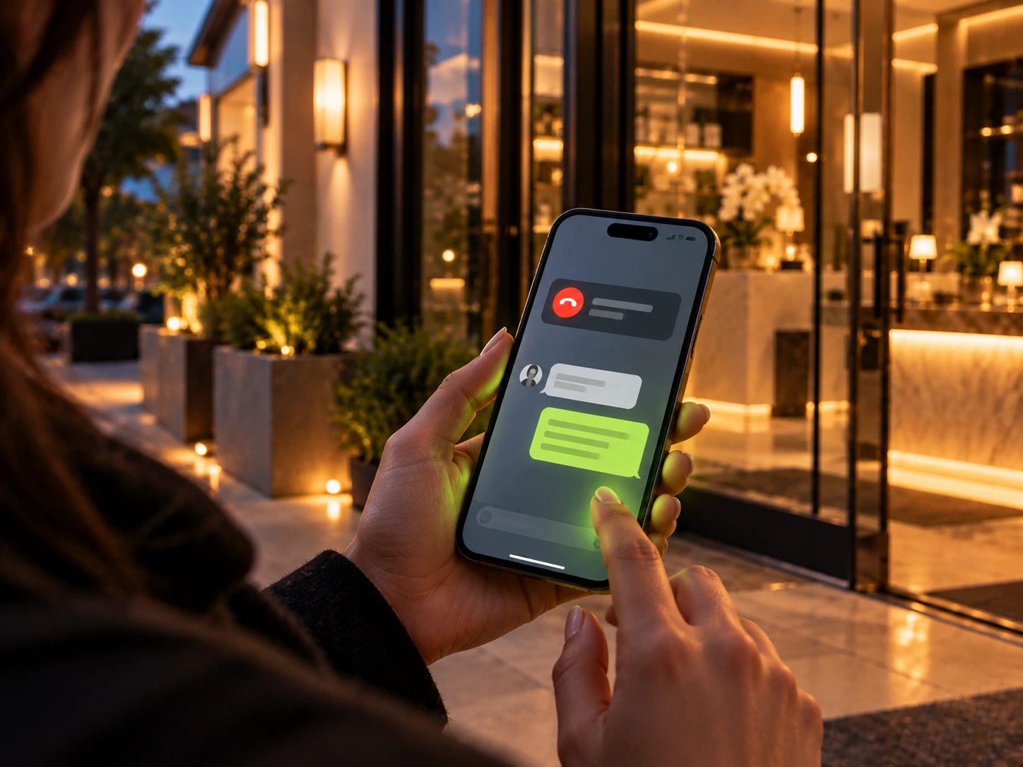 A missed call followed by an instant text reply on a phone outside the spa